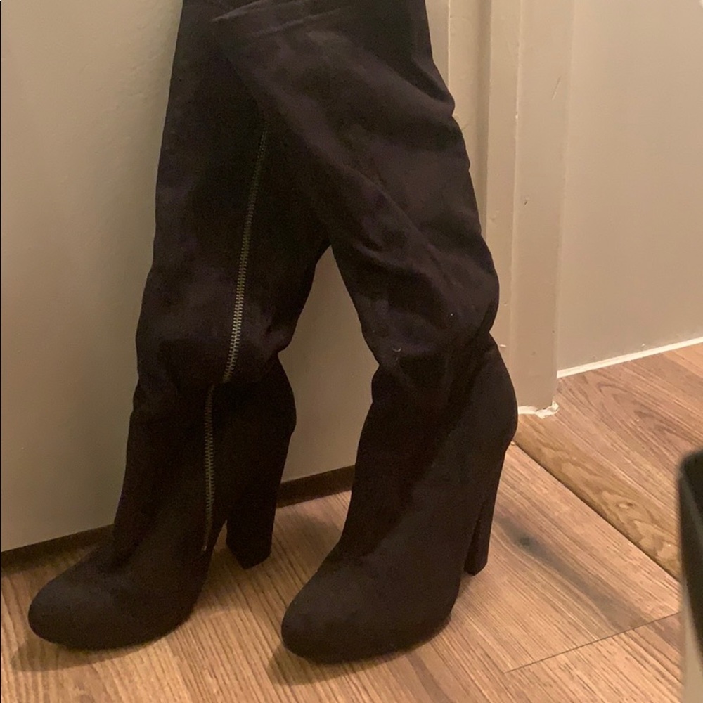 Black knee high faux suede boots